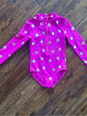 Boden Girls Hot Pink Long-Sleeve One-Piece with Gold Dots